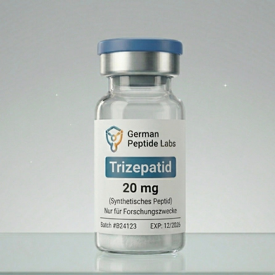 Vial mit Trizepatide (Mounjaro) 20mg von German Peptide Labs, chemische Lösung in Glasflasche für medizinische Anwendungen