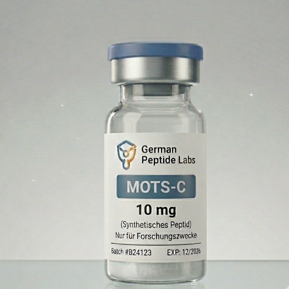 Forschungspeptid MOTS-C 10mg von German Peptide Labs, weiße Pulverpackung auf weißem Hintergrund.