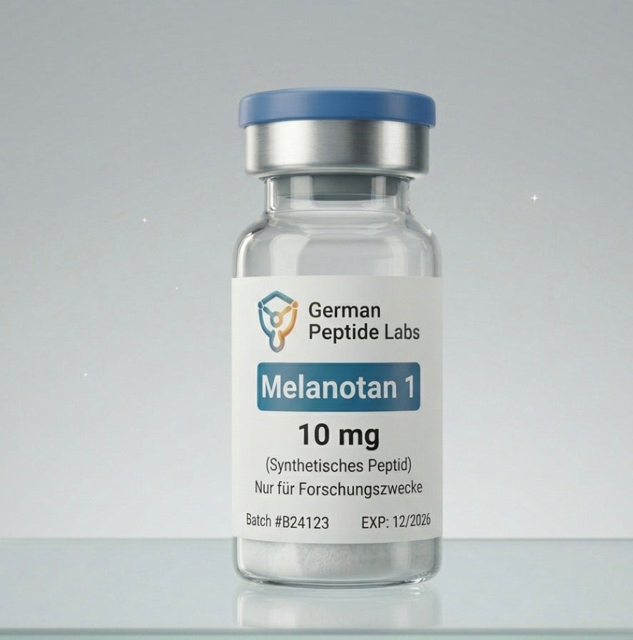 Melanotan 1 10mg Pulver von German Peptide Labs in einer transparenten Flasche auf weißem Hintergrund