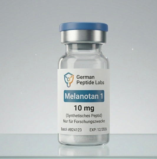 Melanotan 1 10mg Pulver von German Peptide Labs in einer transparenten Flasche auf weißem Hintergrund