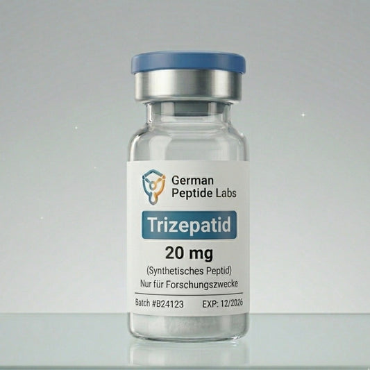 Vial mit Trizepatide (Mounjaro) 20mg von German Peptide Labs, chemische Lösung in Glasflasche für medizinische Anwendungen