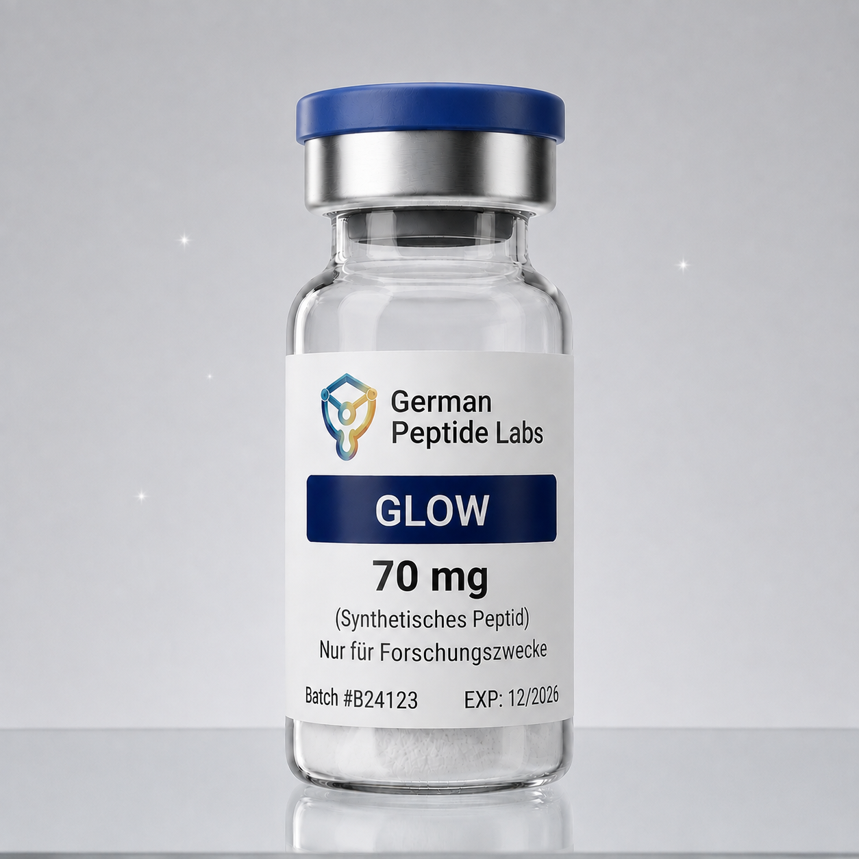 GLOW 70mg Forschungspeptid von German Peptide Labs, Fläschchen auf weißem Hintergrund – ausschließlich für Laborzwecke