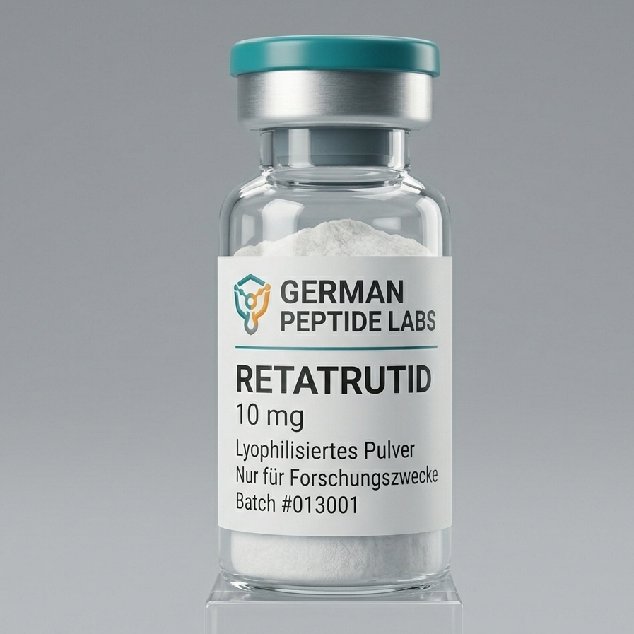 Retatrutide 10mg in Glasampulle, hergestellt von German Peptide Labs, für medizinische Anwendungen.