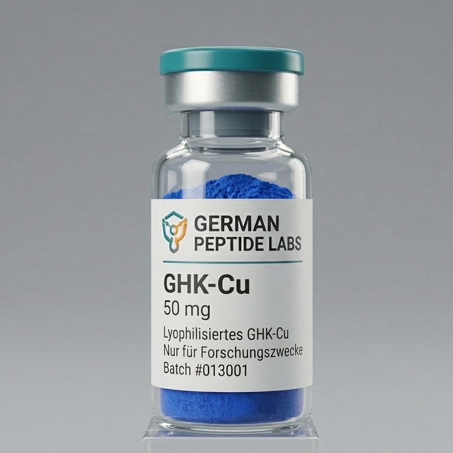 GHK-Cu 50mg Peptid in Flasche von German Peptide Labs, wissenschaftliche Verpackung und Dosierung sichtbar