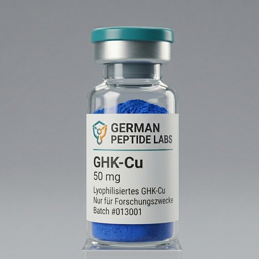 GHK-Cu 50mg Peptid in Flasche von German Peptide Labs, wissenschaftliche Verpackung und Dosierung sichtbar