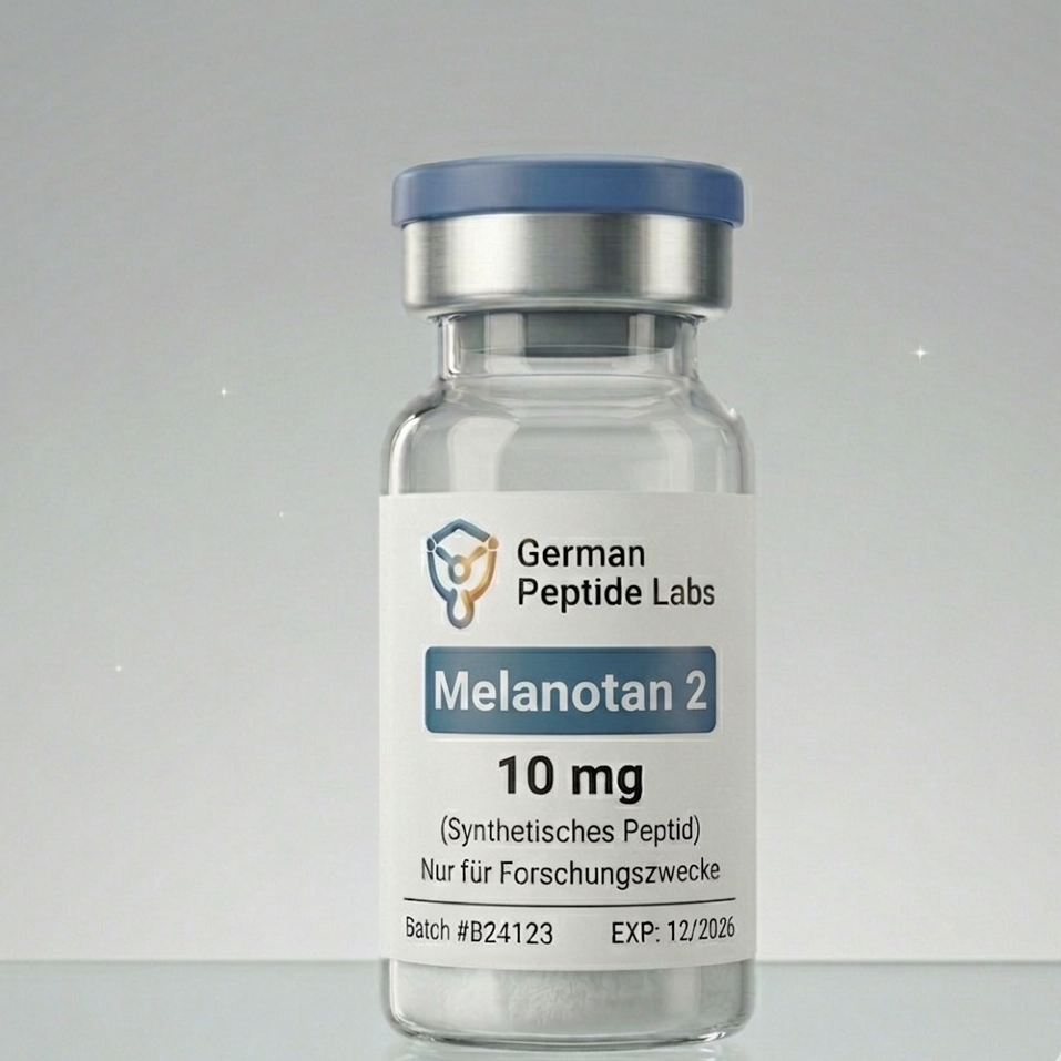 Vial mit 10 mg Melanotan 2 von German Peptide Labs, chemische Substanz für Hautbräunung, auf weißem Hintergrund.