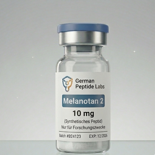 Vial mit 10 mg Melanotan 2 von German Peptide Labs, chemische Substanz für Hautbräunung, auf weißem Hintergrund.