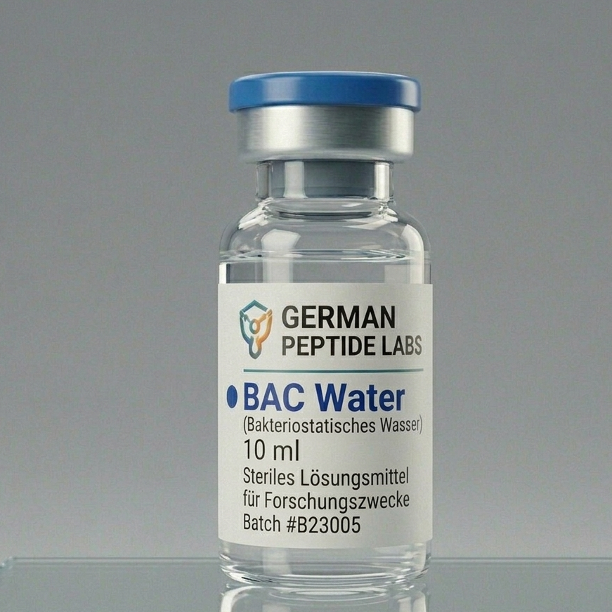 Bac-Water 3ml von German Peptide Labs, sterile Wasserflasche für Peptidpräparate, klare Flüssigkeit in einer kleinen Glasflasche