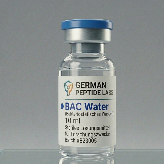 Bac-Water 3ml von German Peptide Labs, sterile Wasserflasche für Peptidpräparate, klare Flüssigkeit in einer kleinen Glasflasche